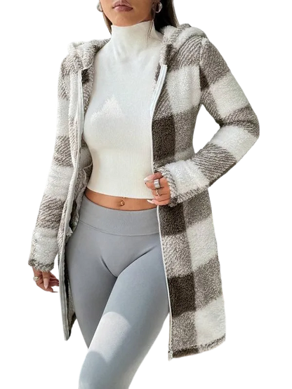 Plaid Fleece Long Sleeve Hooded Coat