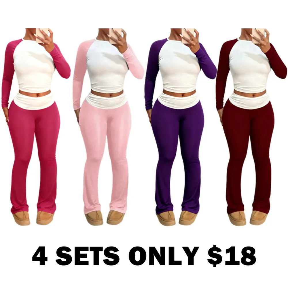 Round Neck Long Sleeve Color Block T-Shirt with Ruffled Flare Pants Set