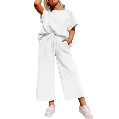 Women's Plus Size Short Sleeve Top & High Waist Wide Leg Pants 2-Piece Lounge Set