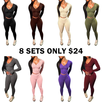 Zip Up Crop Top & High Waist Leggings Two-piece Set