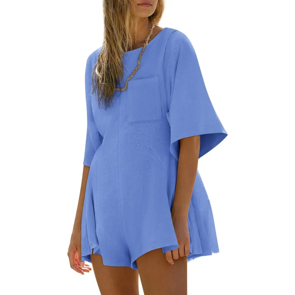 Short Sleeve Crew Neck Loose Jumpsuits with Pocket