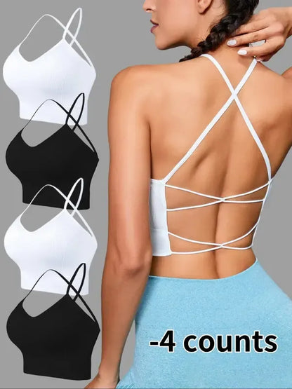 Women's 4pcs Solid Criss Cross Backless Sports Bra