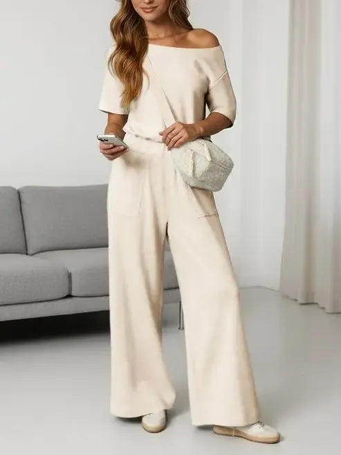 Women's Heather Off-Shoulder Wide Leg Jumpsuit