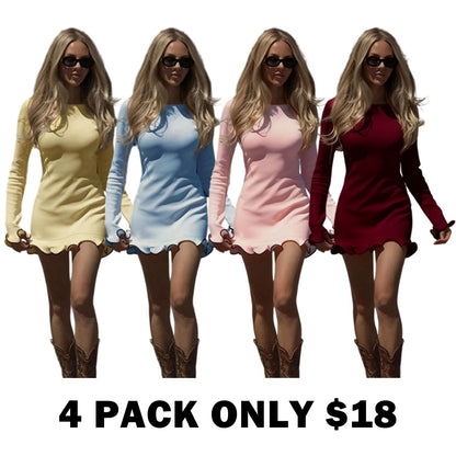 Colorblock Wave Hem A-Line Long Sleeve Knit Dress