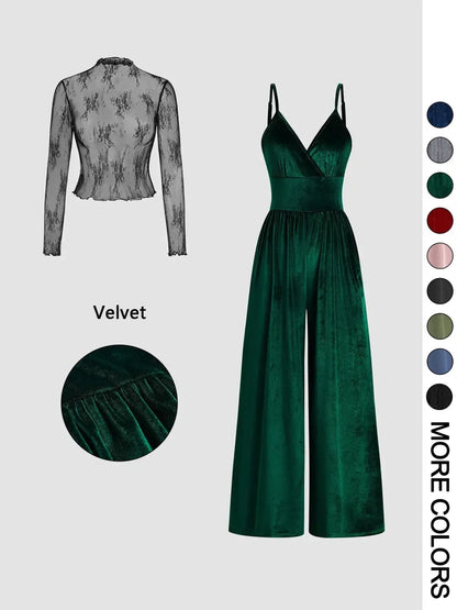 Women's Knitted Lace Tee & High Waist Pocket Jumpsuit Two-piece Set