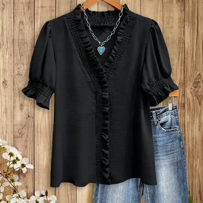 Ruffle Trim V - Neck Blouse