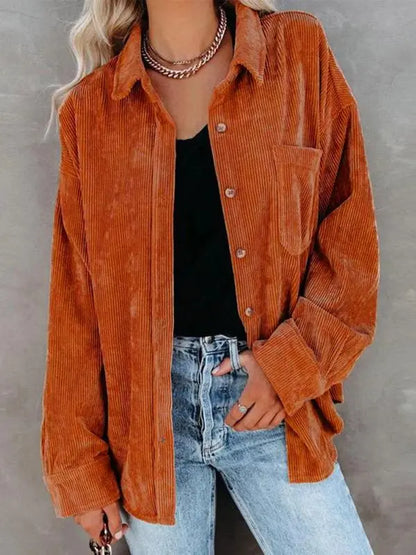 Plain Pocket Button Front Corduroy Shirt