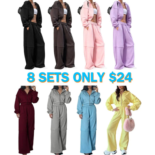 Women's Solid Zip Up Hooded Sweatshirt & Pocket Elastic Waist Pants Two-piece Set