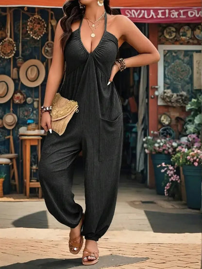 【Plus Size】 Solid Color Pocket Jumpsuit