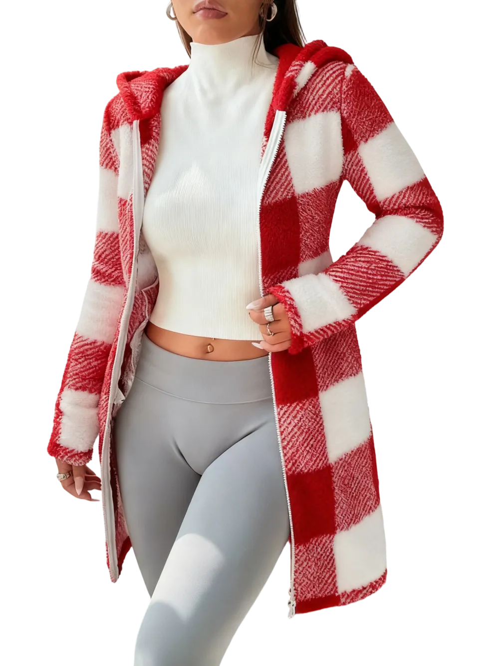 Plaid Fleece Long Sleeve Hooded Coat