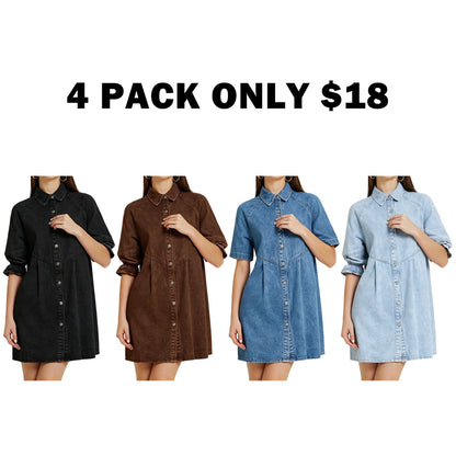 3/4 Lantern Sleeve Babydoll Mini Jean Denim Shirt Dress