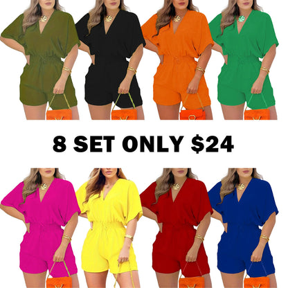Women's Plain Drawstring Shirred Waist V Neck Romper