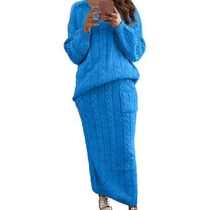 Women's Winter Chunky Cable Knit Long Skirt 2 Piece Sweater Sets