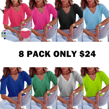 Plus Size Solid V Neck Roll Up Sleeve Tee
