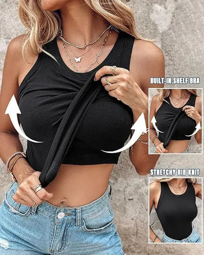 Built-in Bra Tank Top Ribbed Racerback Tops