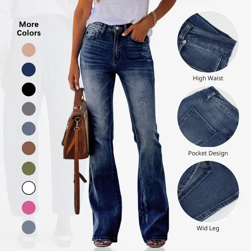 Women‘s High Waisted Flare Stretch Boyfriend Casual Denim Pants