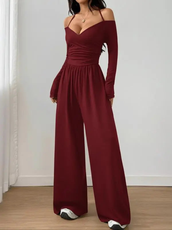 Women's Solid Color Off-Shoulder Ruched Wide Leg Casual Jumpsuit