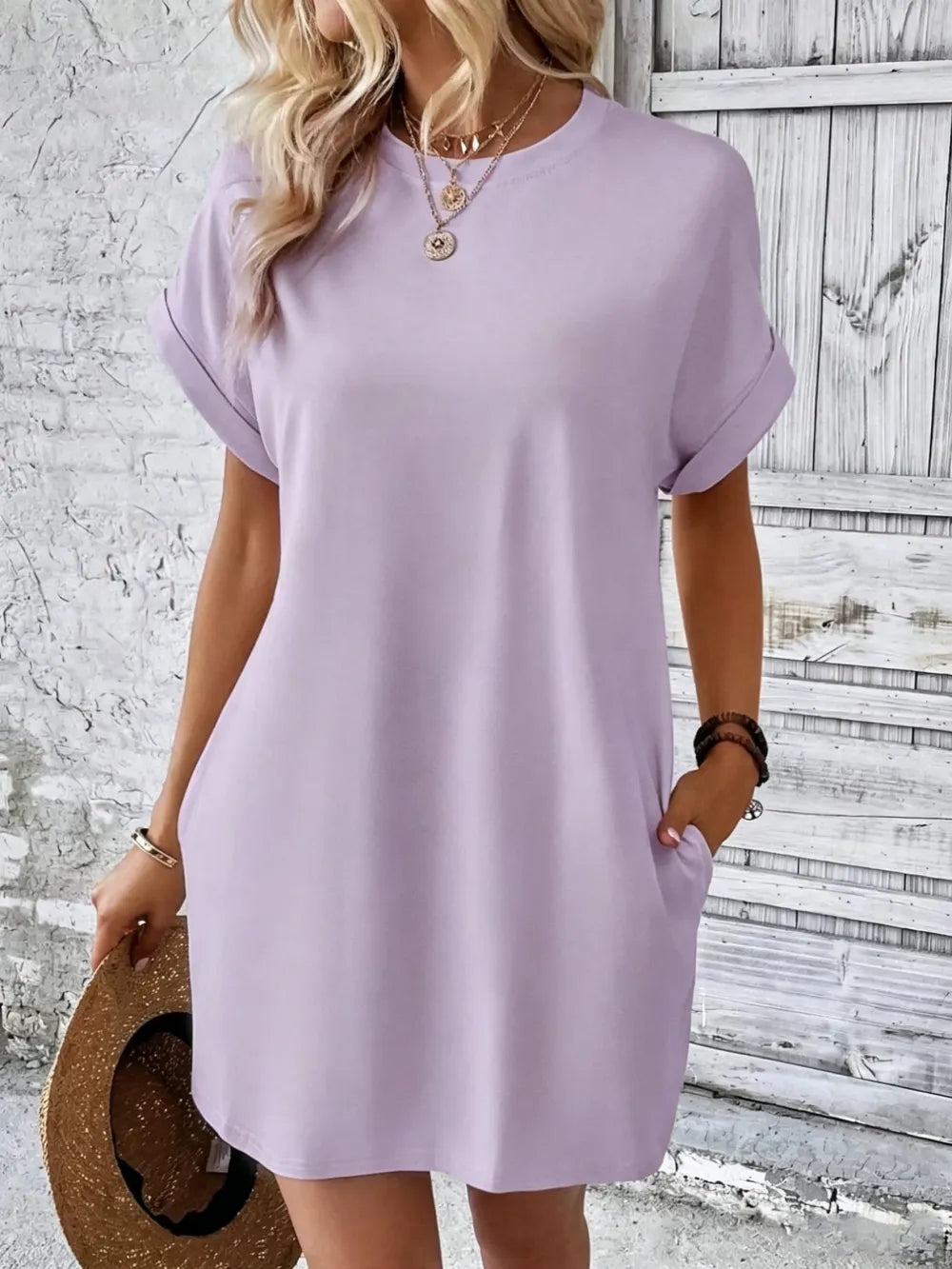 Women's Plain Pocket Batwing Sleeve Tee Dress