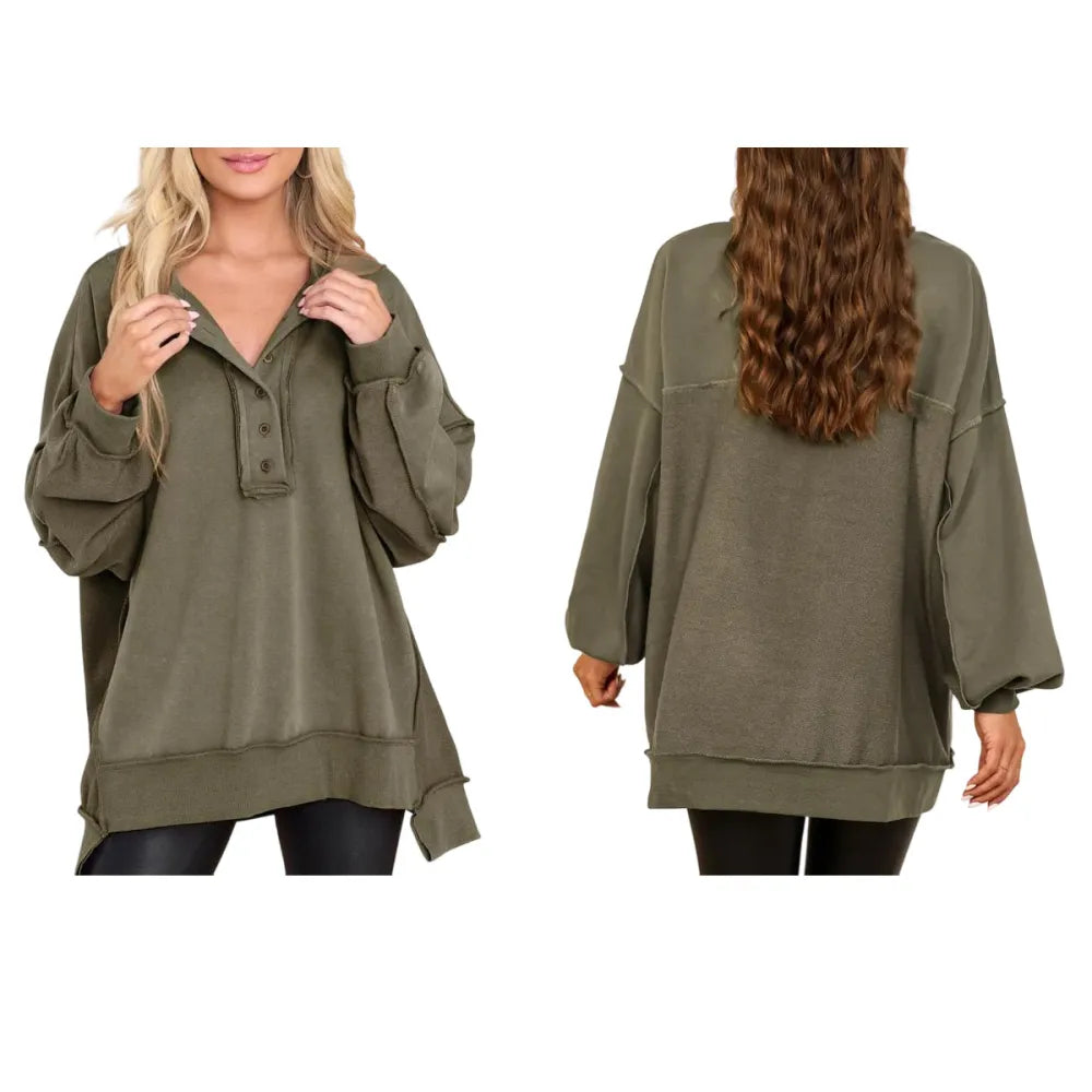 Women's Oversized Button Henley Sweatshirts