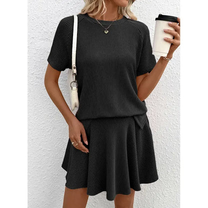 Women's 2 Piece Sets Ribbed Knit Short Sleeve Tops & Lined Pleated Mini Skirt Lounge Sets