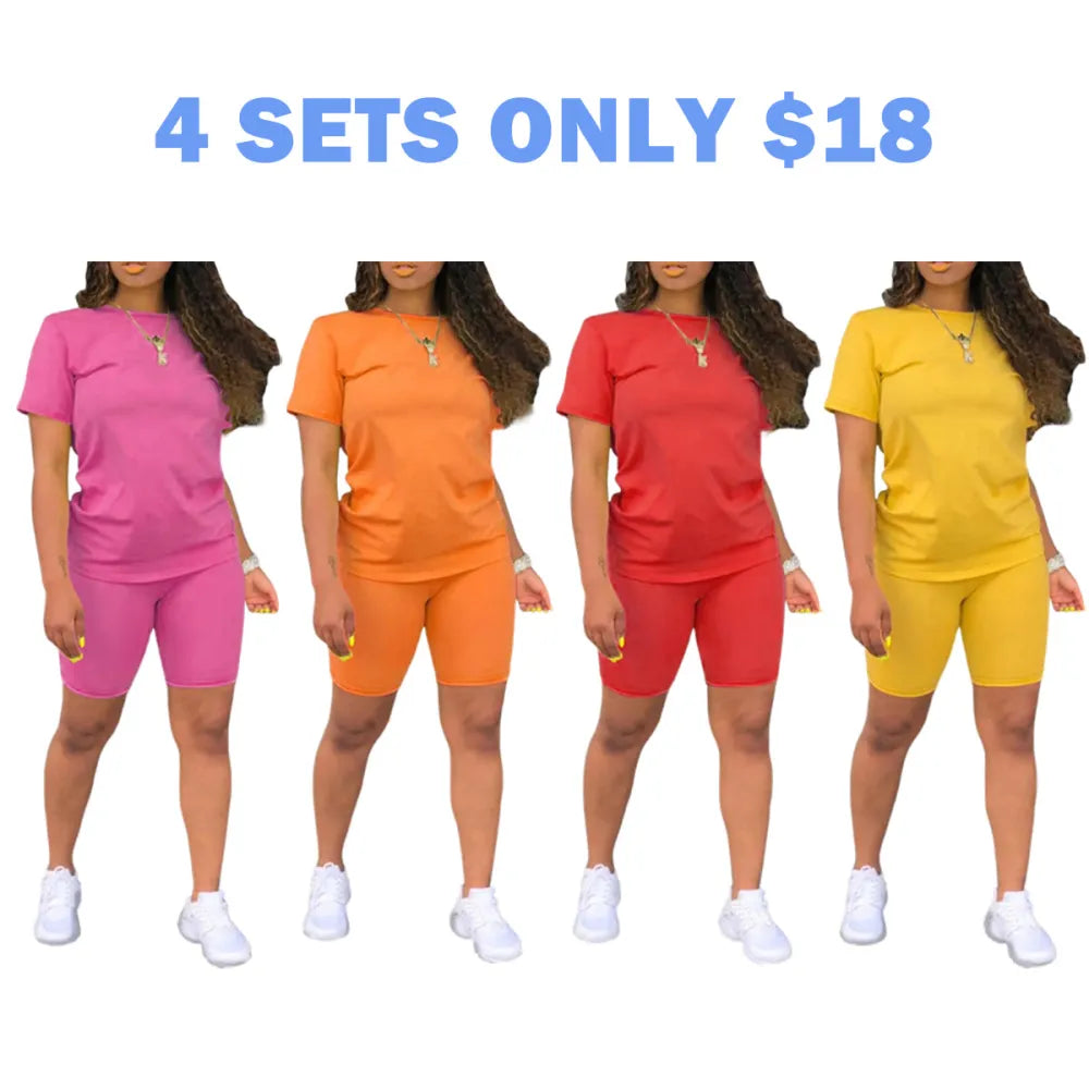 Two-piece Set Women's Fitted Plain Round Neck Tee & Skinny Shorts Set
