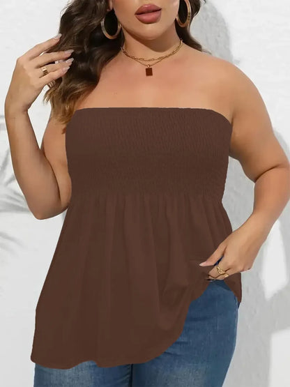 Plus Size Solid Ruffle Hem Shirred Tube Top, Boho Fashion Chic Style Tops