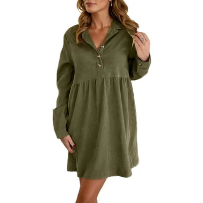 Women's Corduroy Half Button Collared Mini Dress with Pocket