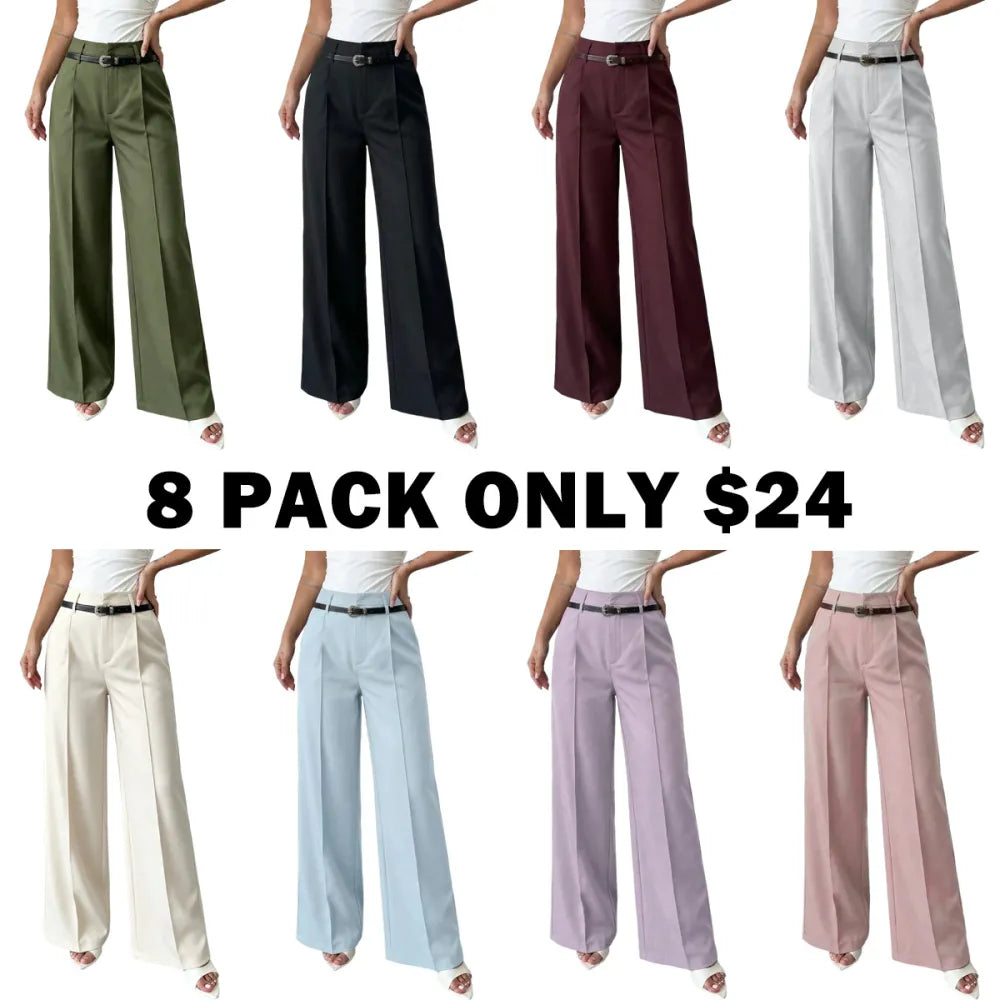 Women's Elastic Waist Solid Color Zipper Button Pocket Wide Leg Trouser Pants