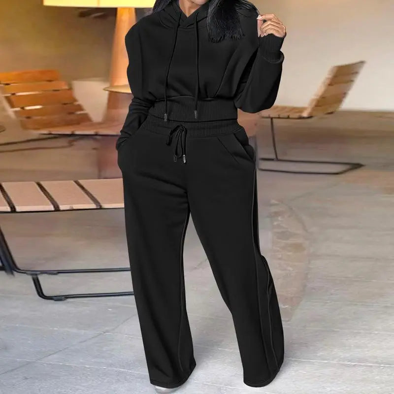Long Sleeve Sweatshirt and Casual Wide Leg Sweatpants Set