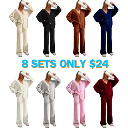 Women's Solid V Neck Cardigan & Elastic Waist Wide Leg Pants Two-piece Set
