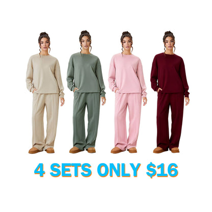 Women's Cozy Round Neck Top & Wide Leg Trousers Two Piece Outfits