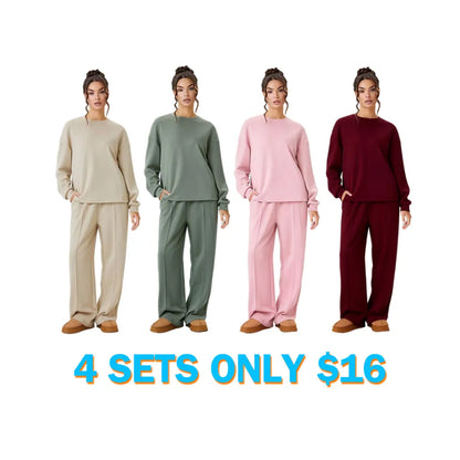 Women's Cozy Round Neck Top & Wide Leg Trousers Two Piece Outfits