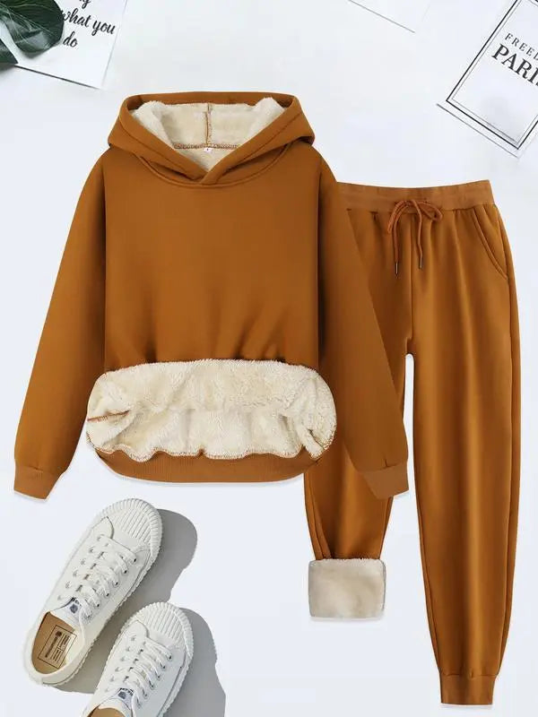 Women's Thermal Lined Solid Color Hoodie & Drawstring Waist Pants Two-piece Set