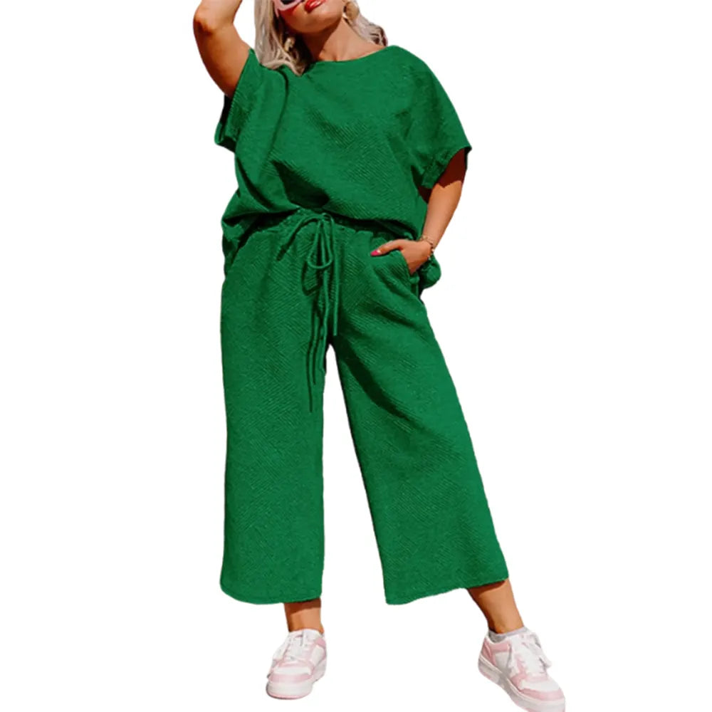 Women's Plus Size Short Sleeve Top & High Waist Wide Leg Pants 2-Piece Lounge Set