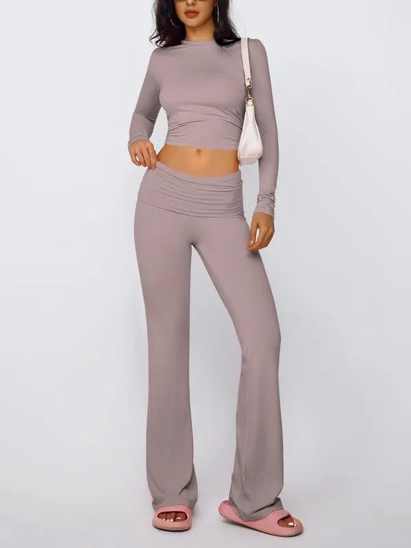 Women's Solid Long Sleeve Crop Tee & Flare Leg Skinny Pants Loungewear Set