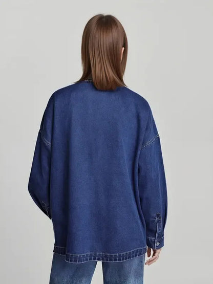 Women's Plain Button Front Drop Shoulder Curved Hem Denim Jacket