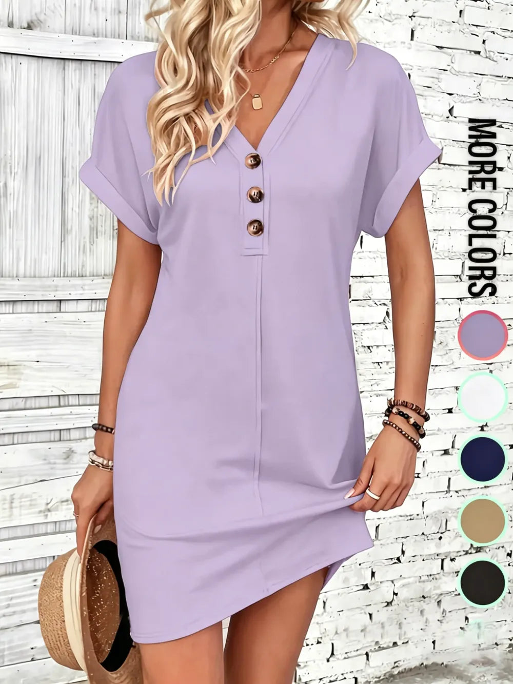 Women's Plain Button V Neck Tee Dress