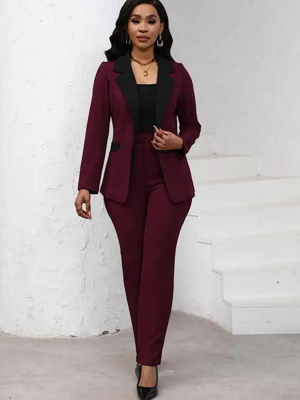 Women's Colorblock Blazer & Straight Leg Pants Set Suits