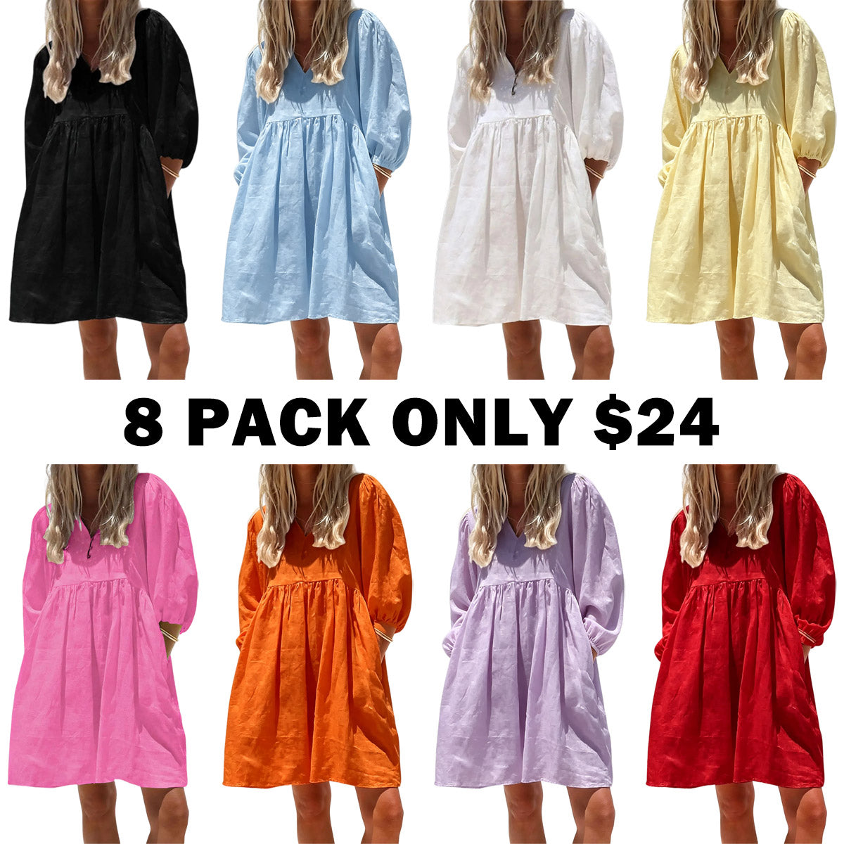 Women's Summer V-Neck Puff-Sleeve Dress