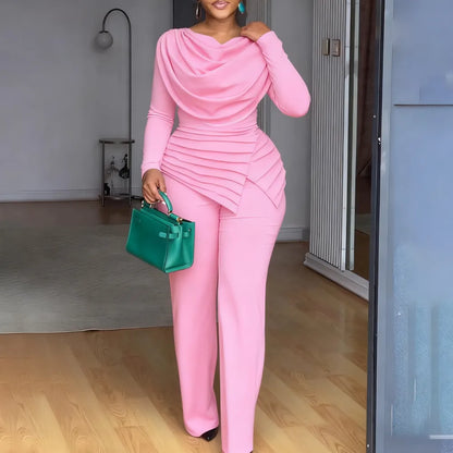 Cowl Neck Asymmetrical Patchwork Ruched Jumpsuit