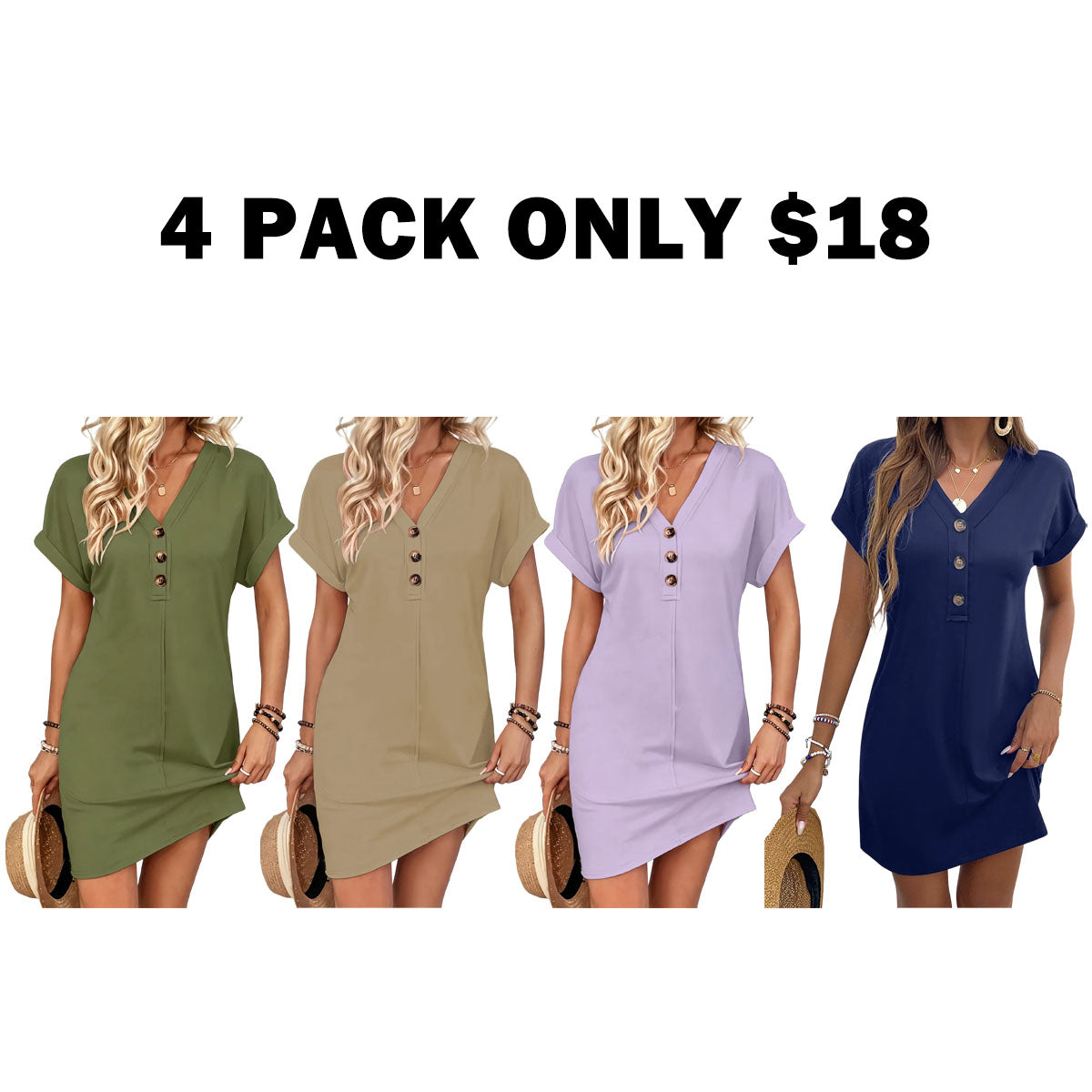 Women's Plain Button V Neck Tee Dress