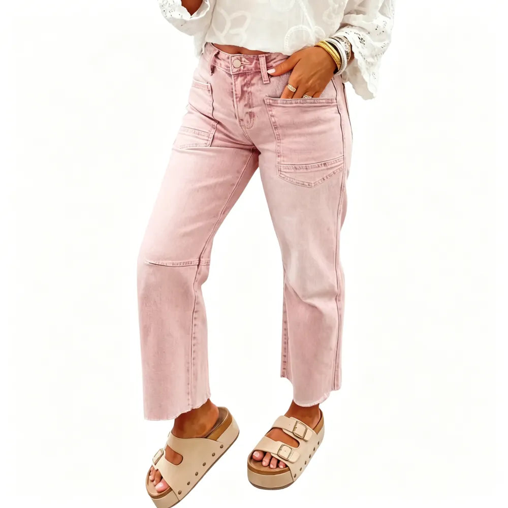 Women's Frayed Cropped Straight Jeans with Pockets