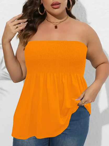 Plus Size Solid Ruffle Hem Shirred Tube Top, Boho Fashion Chic Style Tops