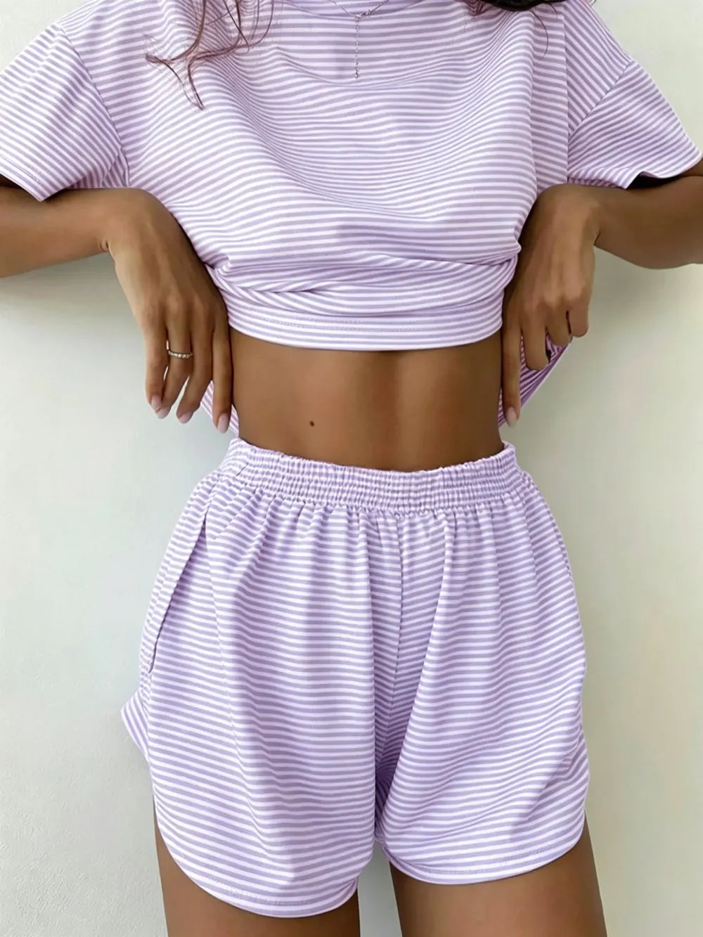 Women's Striped Print Drop Shoulder Tee & Wrap Split Shorts Pyjama Set