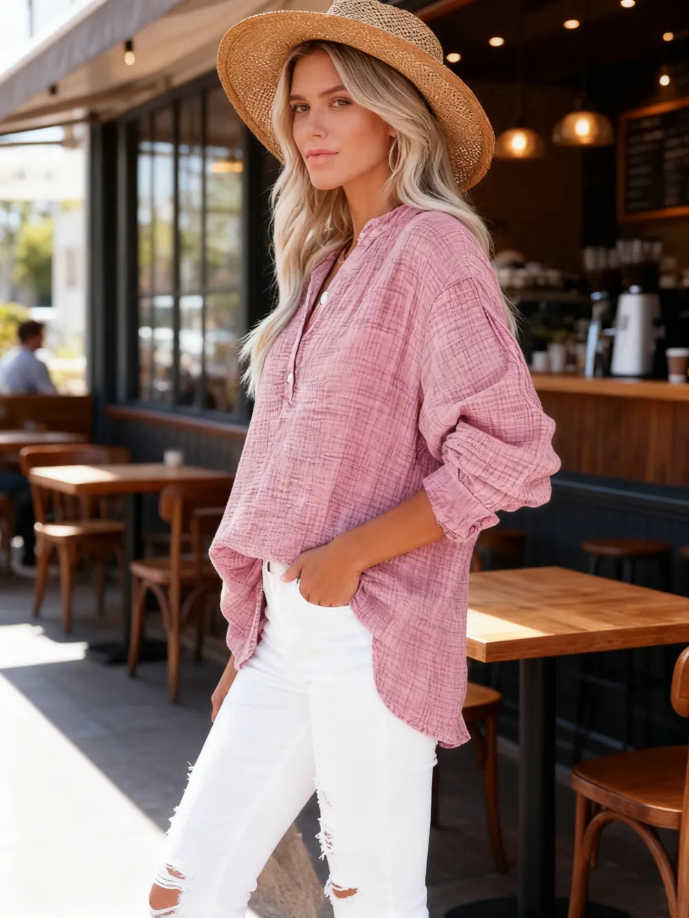 Women's Casual Button V Neck Long Sleeve Shirts