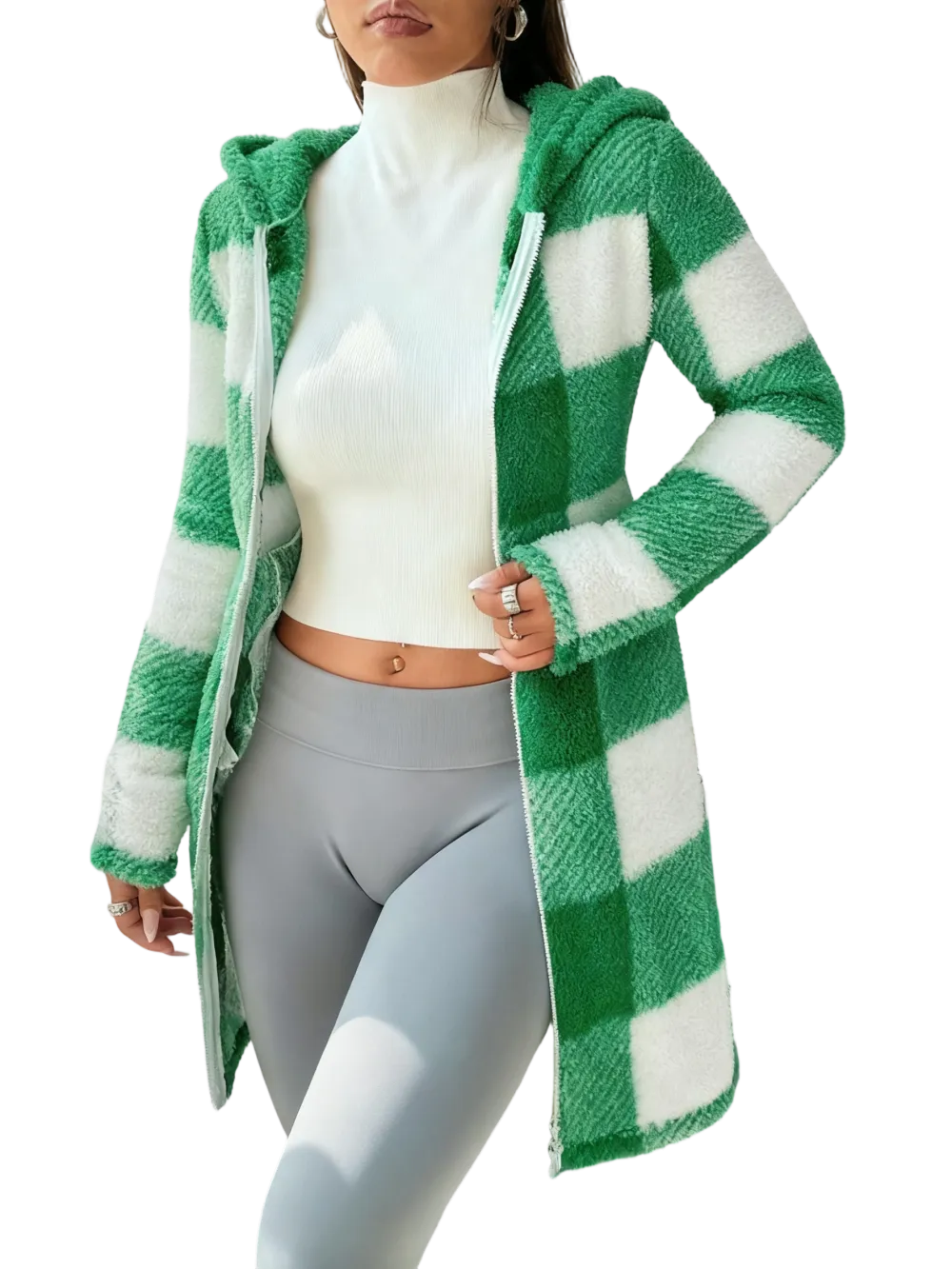 Plaid Fleece Long Sleeve Hooded Coat