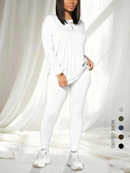 Women's Solid Drop Shoulder Tee & Elastic Waist Skinny Pants Two-piece Set
