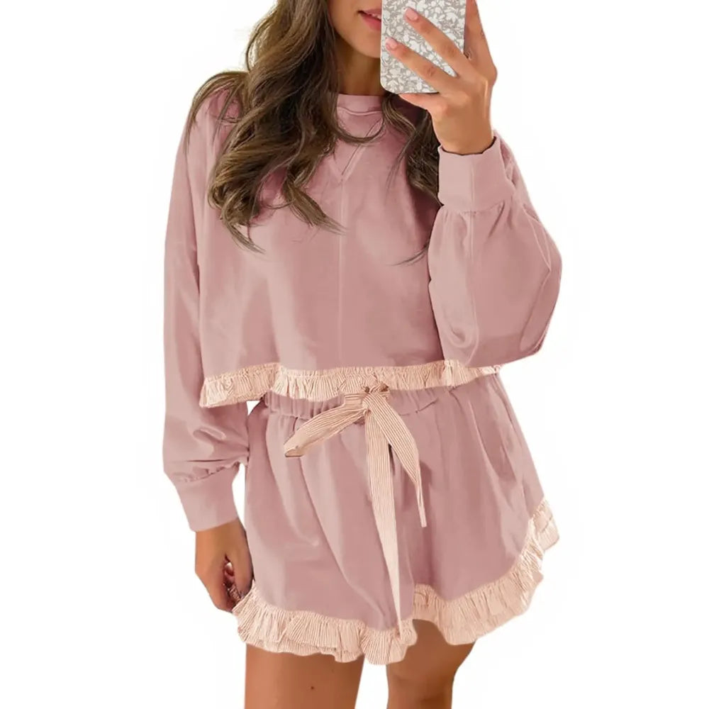 Women's 2 Piece Lounge Sets Ruffle Color Block Cropped Sweatshirts