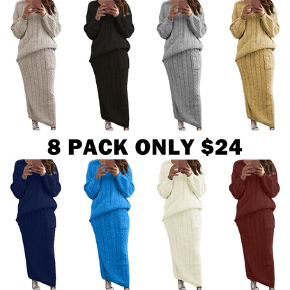 Women's Winter Chunky Cable Knit Long Skirt 2 Piece Sweater Sets