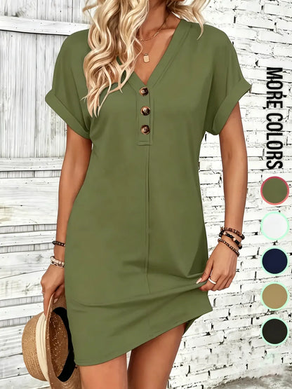 Women's Plain Button V Neck Tee Dress